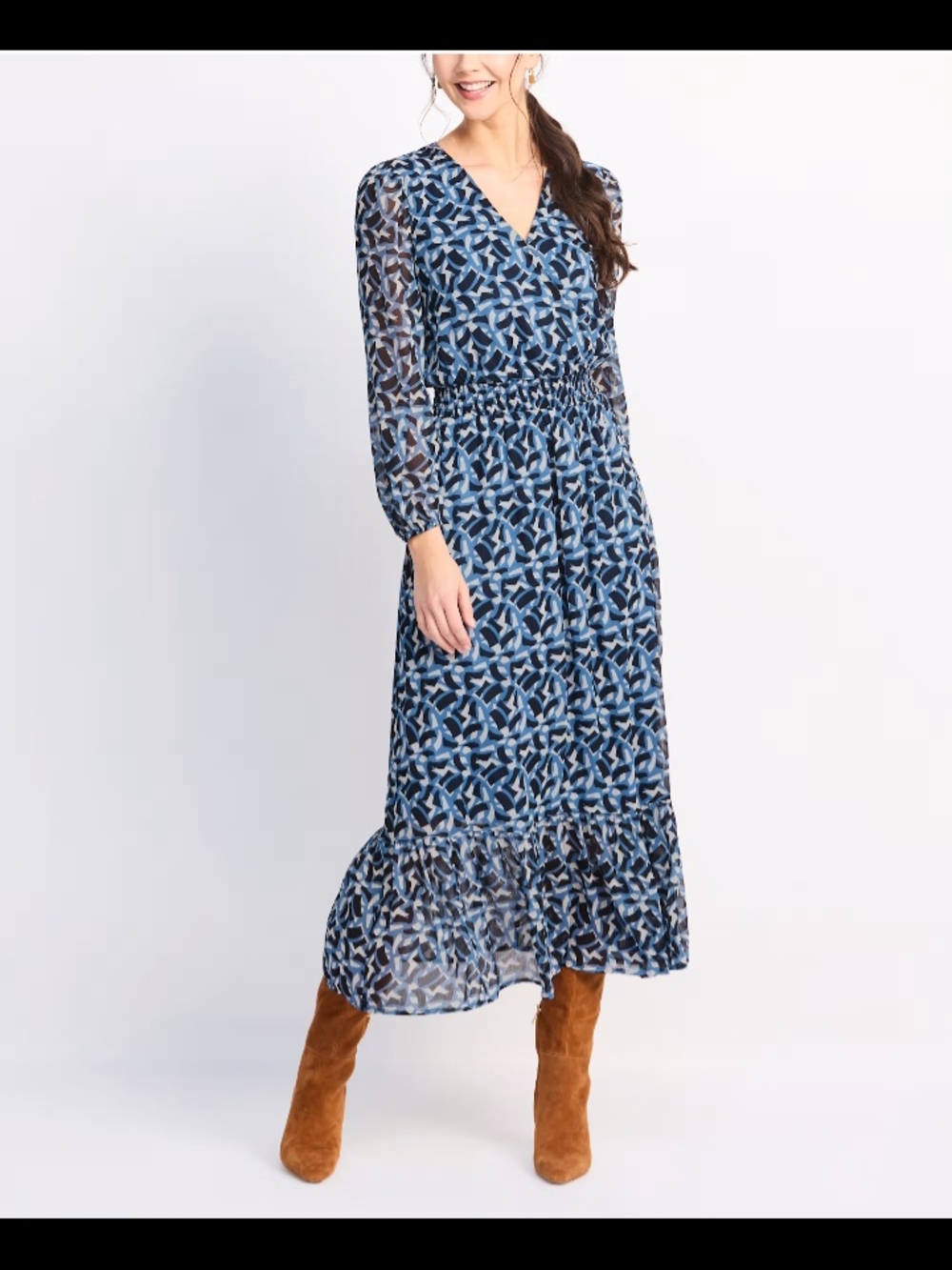 Nine Britton Ginger Blue Patterned V-Neck Smocked Waist Maxi Dress